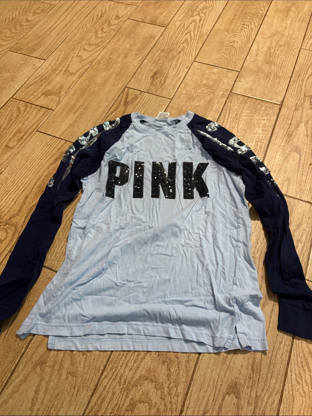 PINK Victoria's Secret Light Blue & Navy Sequin Logo Long Sleeve Tee